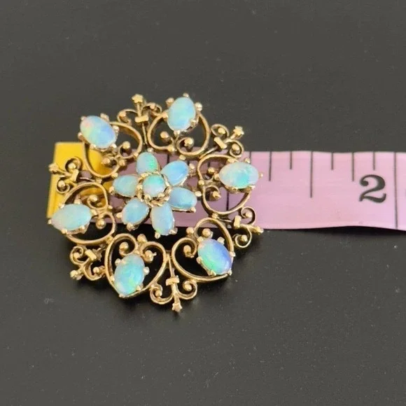 Vintage 14K Yellow Gold Opal Flower Heart Filigree Scroll Pendant Brooch Pin - Picture 7 of 10